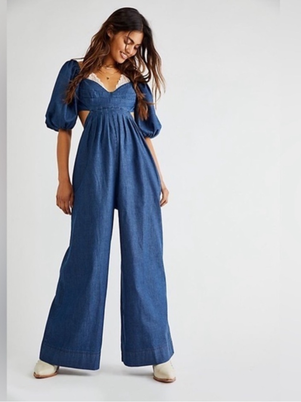 Free People Backless Wide Leg Denim Jumpsuit Extra Small